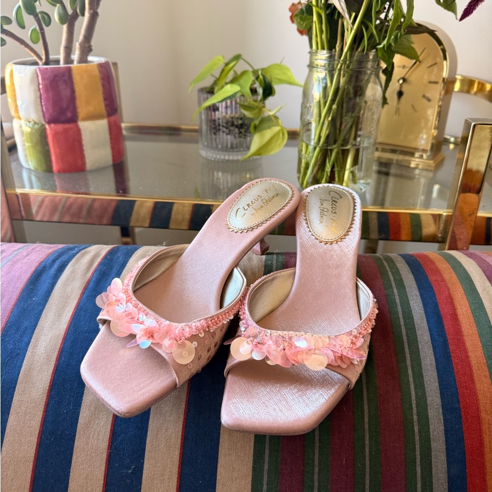 Sequined Kitten Heels -Circus by Sam Edelman Pink Sequined Floral Slide Mules